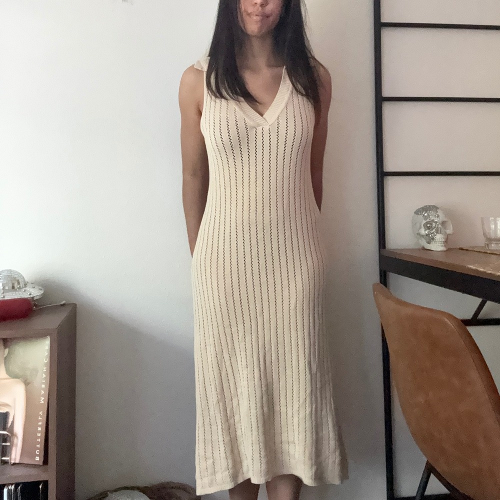 Dokotoo Cream Pointelle Knit Sleeveless Collared V-Neck Midi Dress Large